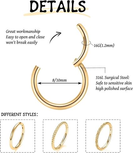 Funlmo 3pcs خواتم الأنف 316L من الصلب الجراحي حلقات الحاجز الحاجز Tragus Helix Conch Rook Daith Jewelry Charilage حلقات الشفاه للنساء الرجال in Saudi Arabia
