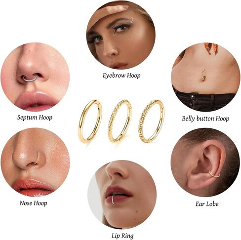 Funlmo 3pcs خواتم الأنف 316L من الصلب الجراحي حلقات الحاجز الحاجز Tragus Helix Conch Rook Daith Jewelry Charilage حلقات الشفاه للنساء الرجال in Saudi Arabia