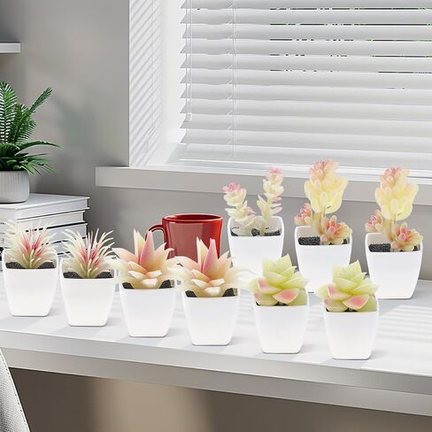 9 Pcs Artificial Succulents Plants in White Pot Small Fake Succulent Echeveria DIY Home Office Indoor Bathroom Living Room Decoration in Saudi Arabia