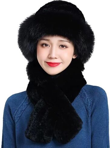 Women Winter Faux Rabbit Fur Trimmed Cloche Hat with Scarf Set Furry Warm Beanie Collar Scarf Set for Ladies in Kuwait