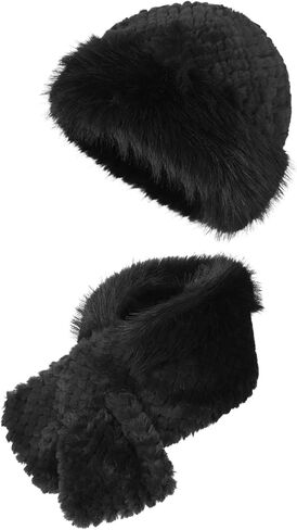 Women Winter Faux Rabbit Fur Trimmed Cloche Hat with Scarf Set Furry Warm Beanie Collar Scarf Set for Ladies in Kuwait