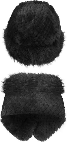 Women Winter Faux Rabbit Fur Trimmed Cloche Hat with Scarf Set Furry Warm Beanie Collar Scarf Set for Ladies in Kuwait