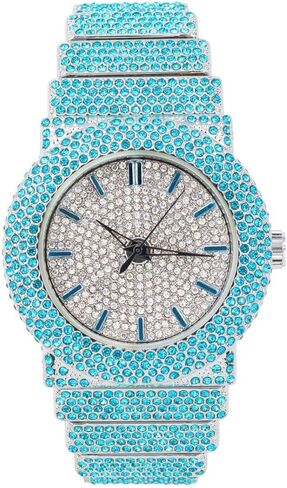 Unisex Full Iced Bling Out Luxury Fashion Lab Diamond CZ Round Quartz Movement White Gold Plated Celebrity Party Pink Watch - Gift Box in Saudi Arabia