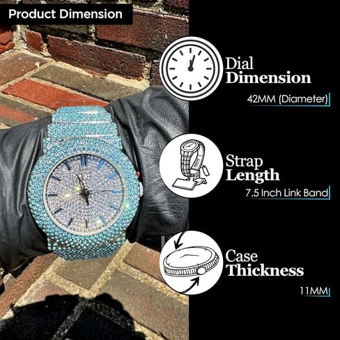 Unisex Full Iced Bling Out Luxury Fashion Lab Diamond CZ Round Quartz Movement White Gold Plated Celebrity Party Pink Watch - Gift Box in Saudi Arabia