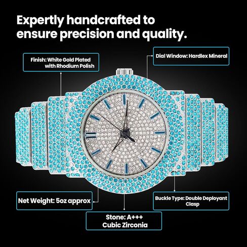 Unisex Full Iced Bling Out Luxury Fashion Lab Diamond CZ Round Quartz Movement White Gold Plated Celebrity Party Pink Watch - Gift Box in Saudi Arabia