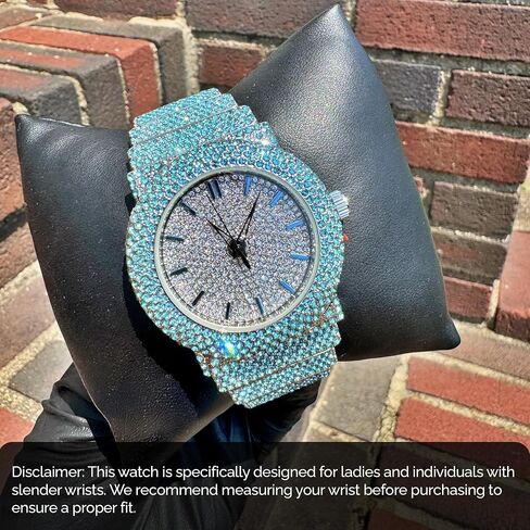 Unisex Full Iced Bling Out Luxury Fashion Lab Diamond CZ Round Quartz Movement White Gold Plated Celebrity Party Pink Watch - Gift Box in Saudi Arabia