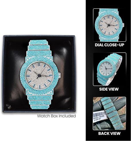 Unisex Full Iced Bling Out Luxury Fashion Lab Diamond CZ Round Quartz Movement White Gold Plated Celebrity Party Pink Watch - Gift Box in Saudi Arabia