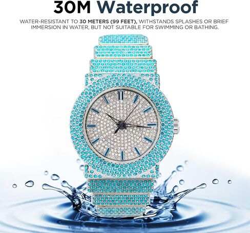 Unisex Full Iced Bling Out Luxury Fashion Lab Diamond CZ Round Quartz Movement White Gold Plated Celebrity Party Pink Watch - Gift Box in Saudi Arabia