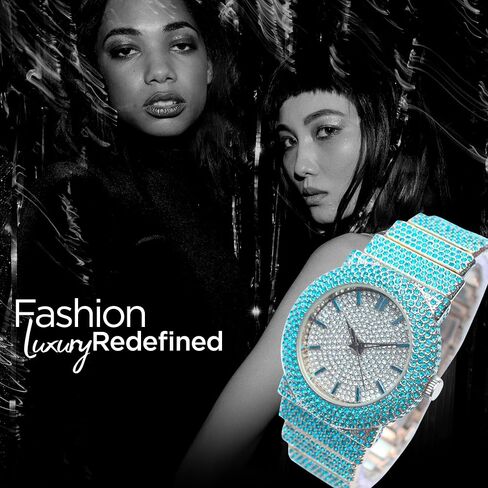 Unisex Full Iced Bling Out Luxury Fashion Lab Diamond CZ Round Quartz Movement White Gold Plated Celebrity Party Pink Watch - Gift Box in Saudi Arabia