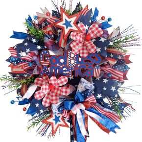 TEMPUS 20“ God Bless America 4th of July Patriotic Mesh Deco Wreath for Front Door, Memorial Day Red, White and Blue Ribbon Wreath for Indoor and Outdoor, Home Holiday Decor Summer Party Decor