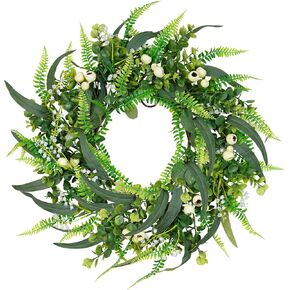 24 inch Spring Wreath for Front Door, Green Boxwood Wreath with Big White Berries and Eucalyptus Leaves for Outside Wall Window Farmhouse Indoor Outdoor Party Holiday (Green, 24)