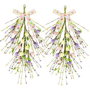 2 Pack 22’’ Patriotic Wreaths for Front Door 4th of July Teardrop Swag Red White Blue Artificial Stars Berries Hanger with Ribbon Farmhouse Decor for Independence Memorial Day Outdoor Window Wall