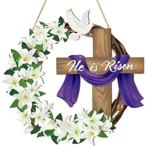 He is Risen Easter Decoration Wooden Wreaths for Front Door Sign Cross Sign Door Wall Signs, Christian Jesus Lily Flowers Ornaments Hanging Crafts for Spring Home Farmhouse Party Porch Decor