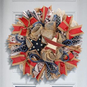 Rustic Patriotic Wreath for Front Door 14 Inch 4th of July Red White Blue Star American Flag Front Door Garland Memorial Day Hanging Wreath for Independence Day Home Decor