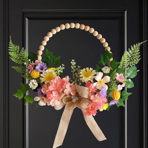 TEMPUS 16 Inch Artificial Spring Wooden Bead Wreath with Flower Bow Summer Hydrangea Wreath Spring Summer Indoor Outdoor Home Decorations