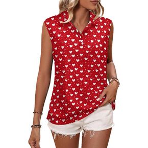Womens White Hearts Red Sleeveless Golf Shirt Athletic Tank Tops Ladies Casual Summer Love Heart Golf Wear Polo Tennis Shirts for Women L