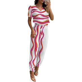 Women Casual 2 Piece Outfits Print Short Sleeve Vneck Tops and Long Pants Sets Cute Summer Outfits