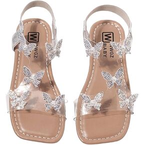 صندل Gorglitter Girl's Clear Butterfly Rhinestone Glitter Strap Strap Flat Sandals Summer Beach Sandal