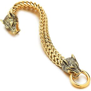 COOLSTEELANDBEYOND Biker Mens Stainless Steel Wolf Head Franco Link Curb Chain Bracelet with Spring Ring Clasp