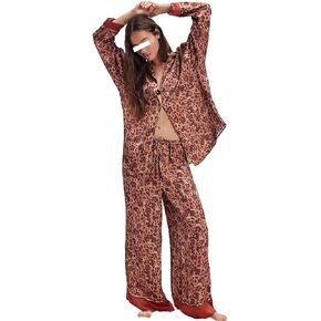 Womens Y2k Silk Pajama Sets Floral Print Long Sleeve Button Down Shirts Wide Leg Pants 2 Piece Lounge Sets