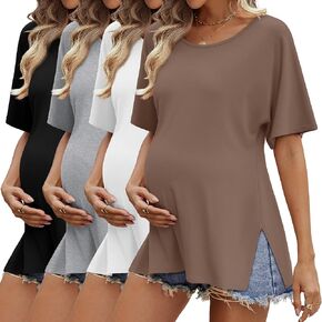 4 Pack Women's Maternity Shirts Short Sleeve 35% Cotton Side Split Pregnancy Tops Casual Summer Clothes Multipack