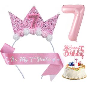 7th Birthday Decor for Girl,Pink Birthday Sash & Flower Headband Crown Set for Girl Princess Party Outfit Accessory (Pink 7th)