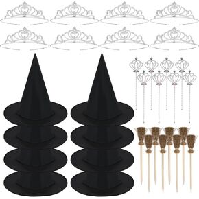 32Pcs Witch and Princess Party Favors Include 8 Witch Hats 8 Princess Crowns 8 Glitter Star Wands and 8 Broom Pencils Witch Princess Theme Birthday Party Decorations for Dress up Costume Cosplay Gifts