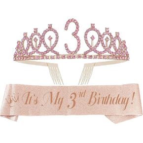 Ebe Emmasbyemma 3rd عيد ميلاد Sash و Tiara للفتيات - بريق رائع Sash + Loops Rhinestone Pink Premium Metal Tiara للفتيات ، هدايا عيد الميلاد الثالثة لحفل الأميرة
