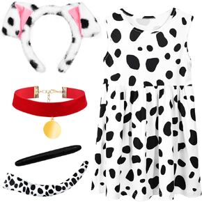4 PCS Dalmatian Costume تشمل Dalmatian Dress Dog Dog Beadband Velvet Hlovet Tail لمدة 101 يومًا من الفستان المدرسي