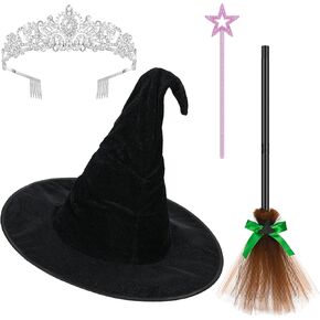 4pcs إكسسوارات أزياء الأميرة الساحرة تشمل الأميرة واند واند و Witch Hat Broom لفيلم Halloween Wizard Outfits Props