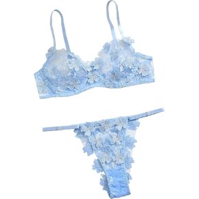 Women Bra and Panty Sets Sexy Two Piece Underwire 3D Floral Embroidered Flower Mesh Underwire Push Up Lingerie Set