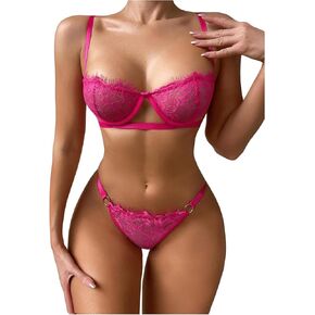 SOLY HUX Women's Lace Mesh Lingerie 2 Piece Cutout Underwire Bra and Thongs Sexy Underwear Set