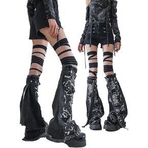 1 Pair Grunge Punk Women Distressed goth Leg Warmers, Vintage Y2K Streetwear Ripped Sexy Skinny Leg Cuffs With Lace-Up