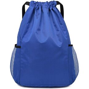 Drawstring Backpack, Waterproof Drawstring Bag Sports Gym Bag Wide Shoulder Strap String Backpacks Bag with Mesh Pockets and Built-in Zipper Pocket -Royal Blue, Large: 49*39*18cm