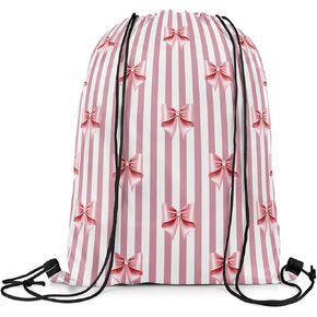 jejeloiu Watercolor Bows Drawstring Backpack 13x15.7inch Pink Bow Ribbon Waterproof Gym Drawstring BagsVintage Princess Themed Sports String Backpack
