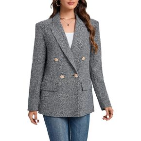 Women's Oversized Tweed Blazer - Double Breasted Casual Business Jacket, Long Sleeve, Lightweight, Lined, Trendy Office Wear