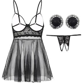Women Sexy Lace Garter Lingerie Set with Heart Nipple Teddy Naughty Babydoll