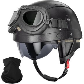German Helmet Leather Vintage Motorcycle Half Helmet DOT Approved Retro Motorcycle Helmets with Goggles and Visor, Removable Lining/Earmuffs, for Bicycle Cruiser Scooter Chopper, for Adults Men Women