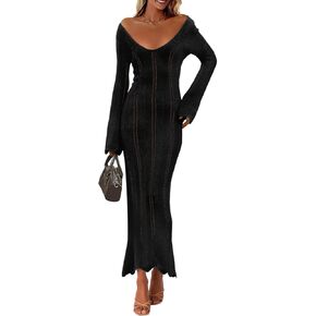 Saodimallsu Womens Crochet Maxi Dress Bell Long Sleeve Sexy V Neck Bodycon Backless Knit Dresses Beach Swim Cover Up