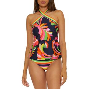 Trina Turk Women's Anniversary Stripe Reversible High Neck Tankini, Adjustable, Tie Back, Swimsuit Tops