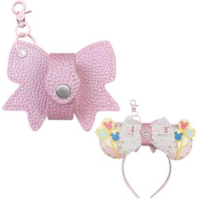 Pink Bows Mouse Ears Holder Keychain for Backpack, Soft Leather Snap Park Trip Essentials Bag Charm Display Decor (Headband Not Included)