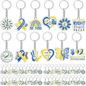 Ecally 120 Pcs Down Syndrome Awareness Keychain Bulk Down Syndrome Awareness Accessories Blue and Yellow Key Rings Motivational Gifts Social Event Supplies Inspirational Decoration