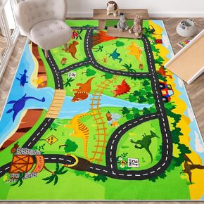 Animal Road Car Rug for Kids - 78.7"X59" Non-Slip Zoo Map Playmat - Washable Carpet for Playroom, Bedroom, Boys - Track Play Carpet