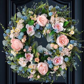 Summer Pink Peony Front Door Wreath 24-inch Flower Blue Wreath Indoor Outdoor Front Door Hallway Window Decoration Wedding Birthday Party Decoration（Pink
