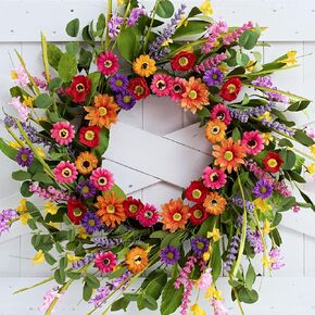 Artificial Spring Wreath 22 Inch Summer Wreaths for Front Door with Green Eucalyptus Leaves Pink Daisy Lavender Spring Door Wreath for Farmhouse Wall Wedding Home Porch Easter