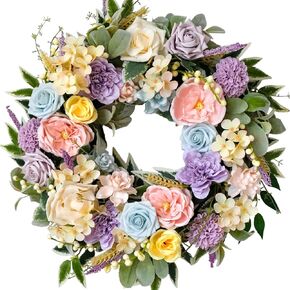 TEMPUS Spring Summer Wreath for Front Door 22 Inch Artificial Floral Wreath with Roses Peonies Hydrangeas Leaves for Door Wall Decoration Wedding Party Home Farmhouse Decoration