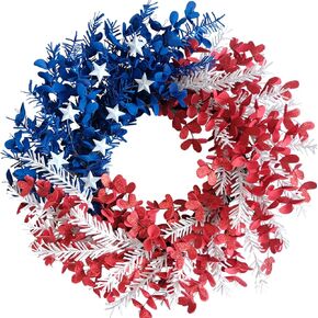 idyllic 4th of July Wreath 22 inch, Patriotic Wreath for Front Door, Red White Blue Leaves Metal Stars Independence Day, Memorial Day Americana Decor