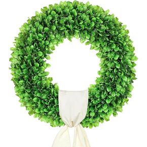 24-26 Inch Large Boxwood Wreath，Spring Summer with Sash，Artificial Green Wreath for Front Door，Farmhous，Wedding，Window，Hanging Wall ，All Year Round Indoor & Outdoor，St Patrick's Day Decor