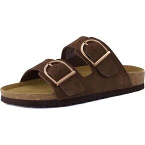 CUSHIONAIRE Legacy Cork Footbed Sandals for Women – Leather Double Strap Slides with Adjustable Buckles + Memory Foam