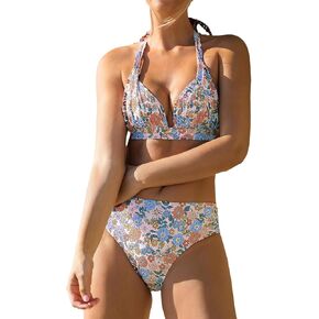 CUPSHE Women's Bikini Sets Two Piece Swimsuit Plunging Neck Triangle Top Halter Strap Back Hook Mid Rise Ruched Swimwear